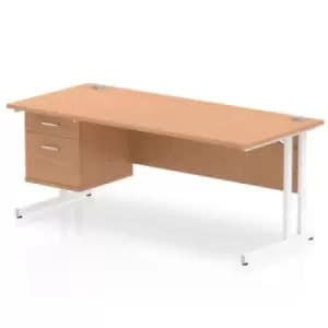 Image of Impulse 1800 Rectangle White Cant Leg Desk OAK 1 x 2 Drawer Fixed Ped