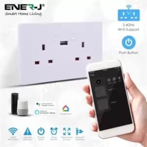 Image of Ener-J Smart WiFi 13A WiFi Twin Wall Sockets with single USB. Push button