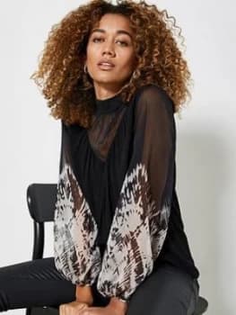 Image of Mint Velvet Ava Print High Neck Top - Black, Size 18, Women
