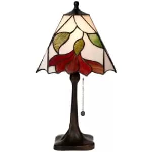 Image of Tiffany Glass Table Lamp Light Dark Bronze & White / Red Floral Shade i00176
