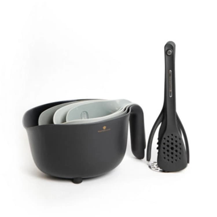 Image of Masterclass 9pc Kitchen Tools Bundle with Mixing Bowl, Colander, Measuring Jugs, 2x Spatulas, Cooking Spoon, Pasta Server & Masher Grey