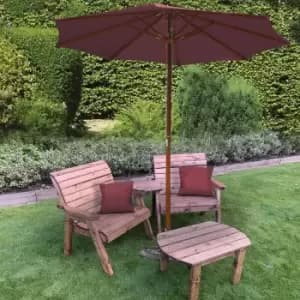 Image of Charles Taylor Grand Twin Angled with Coffee Table and Burgundy Parasol and Cushions