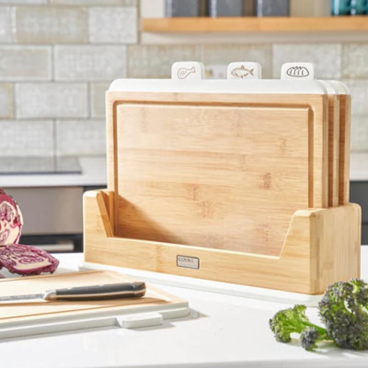 Image of Cooks Professional Index Chopping Board Set of 4 Food Coded with Stand White Brown