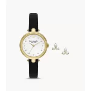 Image of Kate Spade New York Womens Holland Three-Hand Leather Watch And Earrings Set - Black