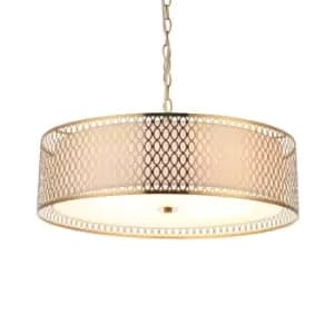 Image of Cordero Single Pendant Ceiling Lamp, Gold Effect Plate, White Fabric, Frosted Glass