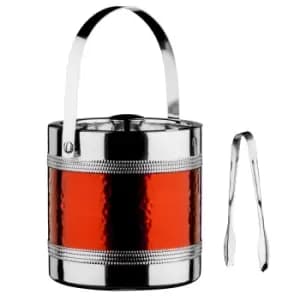 Image of Ice Bucket with Tongs - Hammered Red Band