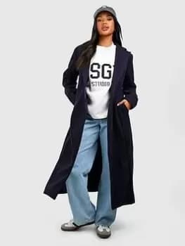 Image of Boohoo Wool Look Coat - Navy, Blue, Size 14, Women