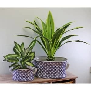 Image of Set of 2 Ceramic Footbath Planters, Vintage Blue & White Geometric Design