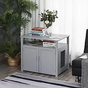 Image of PawHut Wooden Cat Litter Box and Large Tabletop for Nightstand, Grey