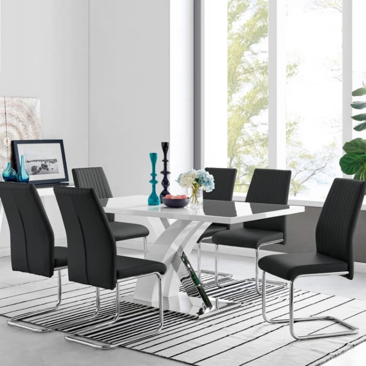Image of FurnitureboxUK FurnitureboxUK Atlanta Modern Rectangle Chrome Metal High Gloss White Dining Table And 6 Lorenzo Chairs Set in Black One Size Uni