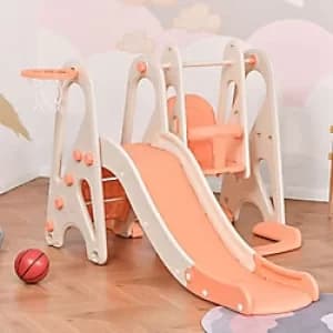 Image of Homcom 3 in 1 Design Kids Swing and Slide Set with Basketball Hoop Pink