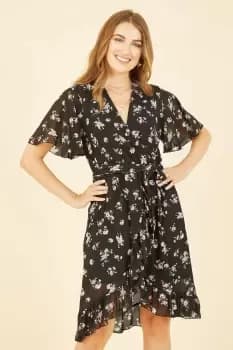 Image of Black Floral Frill Wrap Dress
