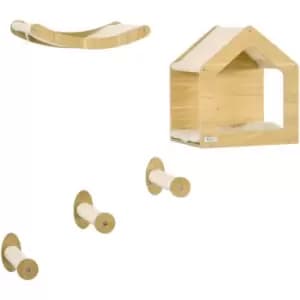 Image of 5PCs Wall Mounted Cat Tree Cat Climbing Shelf Set Scratching Post, Oak - Oak - Pawhut
