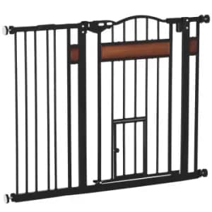 Image of PawHut Dog Gate with Cat Flap Pet Safety Gate, Auto Close Double Locking Pine Wood Decoration, for Doorways Stairs Indoor, 74-105cm Wide, Black