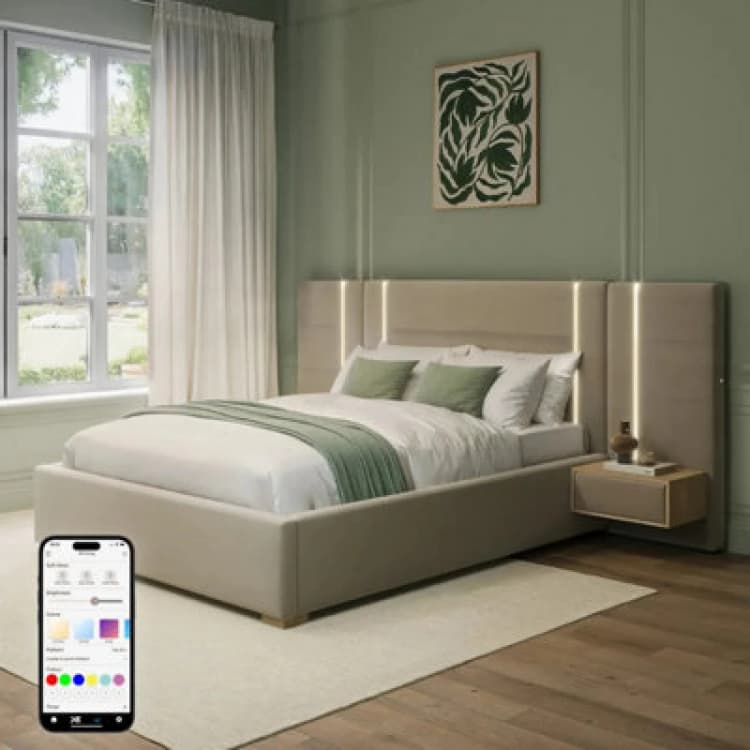 Image of X Rocker Xr Living Amelia Ottoman Double Hotel Bed With Bedside Tables And App Controlled Lights - Beige