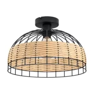 Image of Eglo Rattan And Black Steel Flush Ceiling