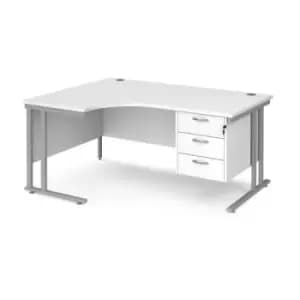 Image of Office Desk Left Hand Corner Desk 1600mm With Pedestal White Top With Silver Frame 1200mm Depth Maestro 25 MC16ELP3SWH