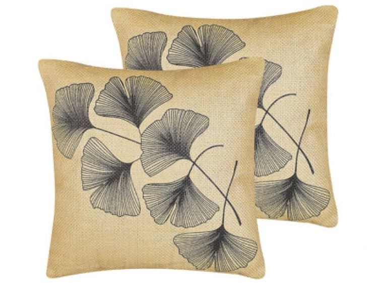Image of Beliani Set Of 2 Decorative Cushions Wakad 45 X 45cm Beige Plant Pattern