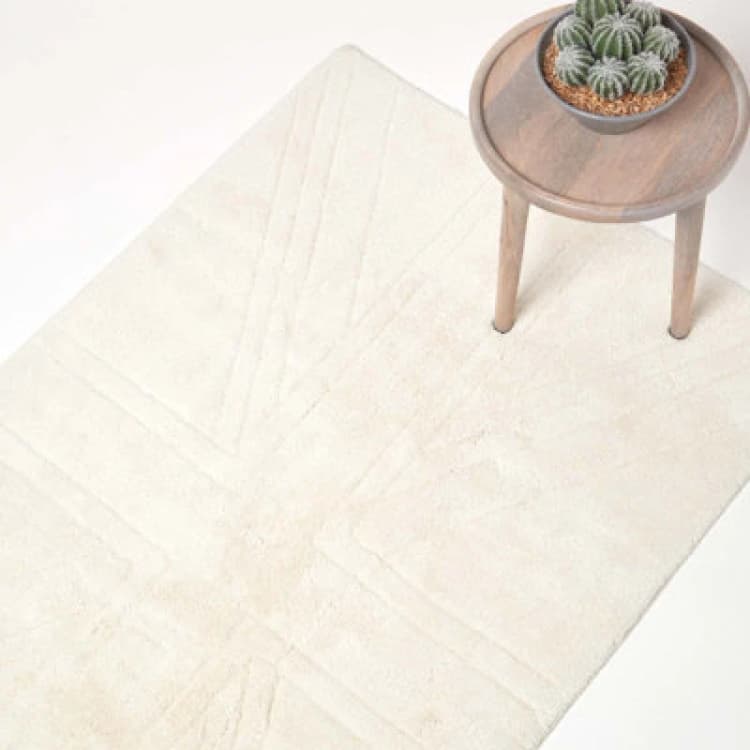 Image of Homescapes Cotton Tufted Rug Union Jack Plain Embossed Mat Ivory Cream,90 X 150Cm
