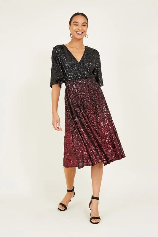 Image of Yumi Black and Red Ombre Sequin Midi Wrap Dress Red
