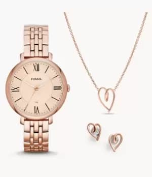 Image of Fossil Women Jacqueline Three-Hand Date Rose Gold-Tone Stainless Steel Watch and Jewellery Set