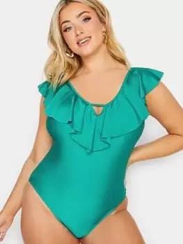 Image of Yours Glam Frill Plunge Swimsuit Turquoise, Green, Size 14, Women