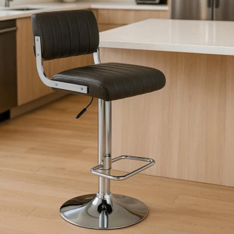 Image of Premier Housewares Interiors by Premier Light Grey Seat and Chrome Base Bar Stool, Adjustable Height Kitchen Bar Stool, Footrest Swivel Barstool Grey