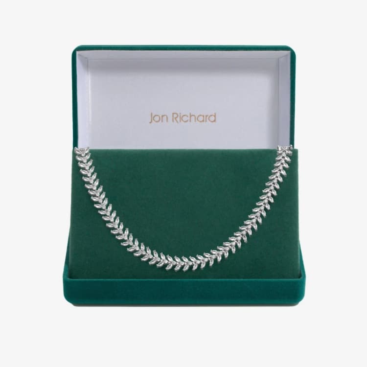 Image of Jon Richard Rhodium Plated Cubic Zirconia Rhodium Plated Leaf Adjustable Toggle Necklace - Gift Boxed Silver
