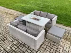 Image of Fimous 6 Seater Outdoor Light Grey Rattan Lounge Complete Sofa Set with Gas Fire Pit Dining Table, Heater and Big Footstool