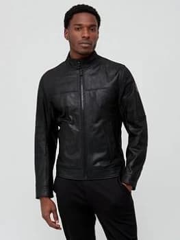 Image of BOSS Josep Leather Biker Jacket - Black, Size 46, Men