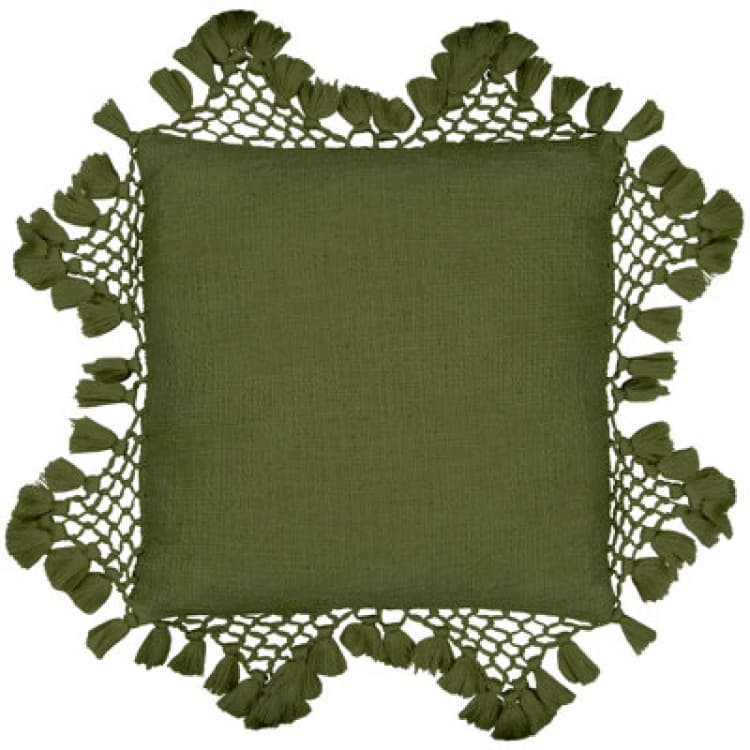 Image of Yard Anko Slub Cotton Macrame Tassel Trimmed Cushion Khaki