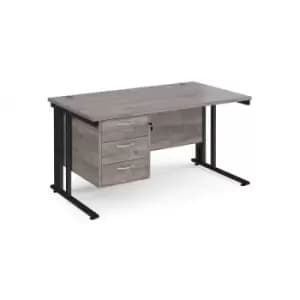 Image of Maestro 25 straight desk 1400mm x 800mm with 3 drawer pedestal - Black cable managed leg frame and grey oak top