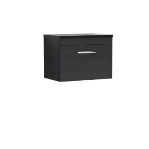 Image of Nuie Athena 600 Wall Hung Single Drawer Vanity & Sparkling Black Worktop - Black Woodgrain