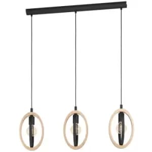 Image of Basildon 3 Lamp Straight Bar Pendant Ceiling Light Black, Brown - Eglo