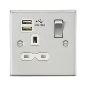 Image of Knightsbridge - 13A 1G Switched Socket Dual usb Charger (2.1A) with White Insert - Square Edge Brushed Chrome