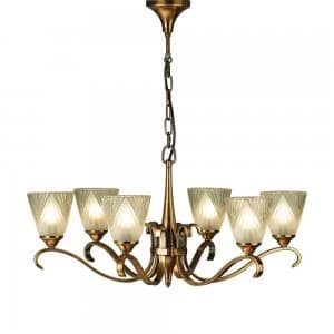 Image of 6 Light Multi Arm Ceiling Pendant Chandelier Antique Brass, Glass, E14