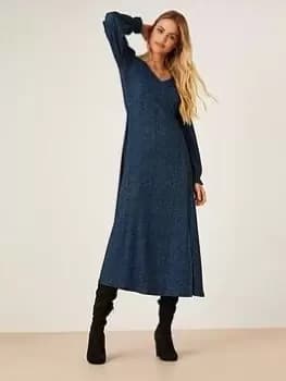 Image of Dorothy Perkins Spot Shirred Cuff Midi Dress - Blue Size 10, Women