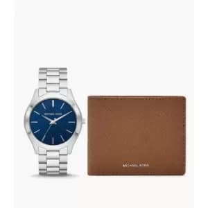 Image of Michael Kors Mens Slim Runway Three-Hand Stainless Steel Watch And Luggage Saffiano Leather Wallet Set - Silver