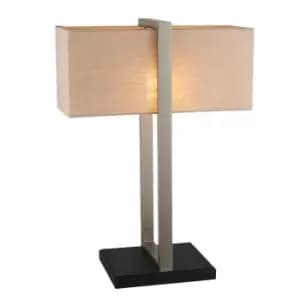 Image of Satin Nickel Framed Table Lamp Light & Rectangular Linen Shade - Matt Black Base