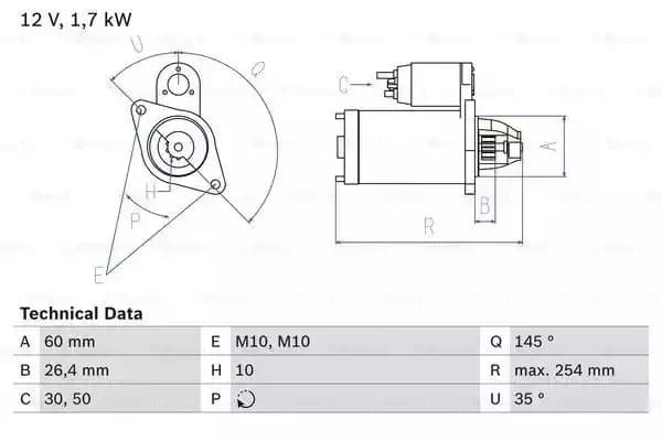 Image of Bosch 0986021320 Starter Motor 2132 12 V 1,7 kW Output BOSCHSTARTER-0986021320