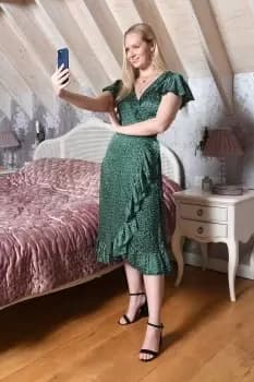 Image of Green Leopard Print Satin Wrap Midi Dress