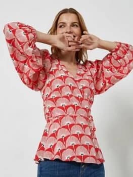Image of Mint Velvet Jude Print Wrap Top - Red, Size 12, Women