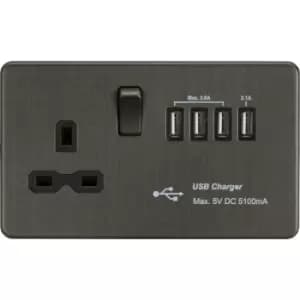 Image of Screwless 13A Switched Socket with Quad USB charger (5.1A) - Smoked Bronze 230V IP20