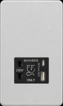 Image of Knightsbridge Shaver socket with dual USB A+C (5V DC 2.4A shared) - brushed chrome with Black insert - SF8909BC