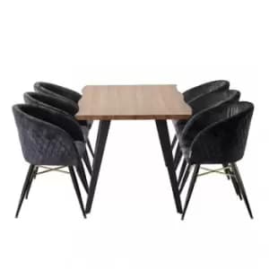 Image of 7 Pieces Life Interiors Vittorio Rocco Dining Set - a Walnut Rectangular Dining Table and Set of 6 Black Dining Chairs - Black