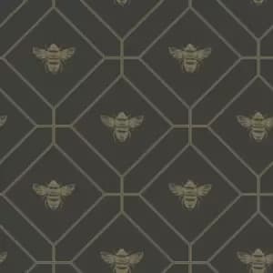 Image of Holden Decor Honeycomb Bee Charcoal/Gold Wallpaper