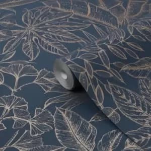Image of Boutique Paradise Blue Leaves Smooth Wallpaper