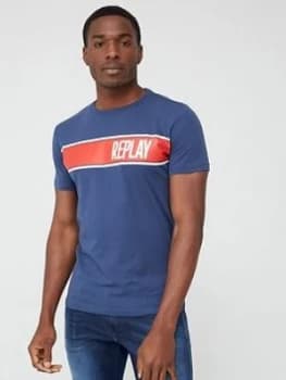 Image of Replay Panel Logo Short Sleeve T-Shirt - Navy, Size S, Men