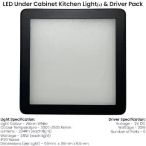 Image of 6x MATT BLACK Ultra-Slim Square Under Cabinet Kitchen Light & Driver Kit - Warm White Diffused LED