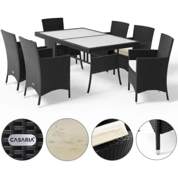 Image of Poly Rattan Seating Group Nice 6 Garden Chairs 5cm 2" Pads Table 150x90cm 59x35IN Outdoor Furniture Black - Casaria